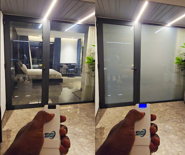 PDLC switchable glass installed in Kochi, Kerala, India, showing clear and frosted modes