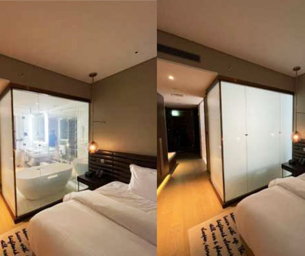 Smart glass is used in Kochi, Kerala, India, for home interiors and modern living spaces